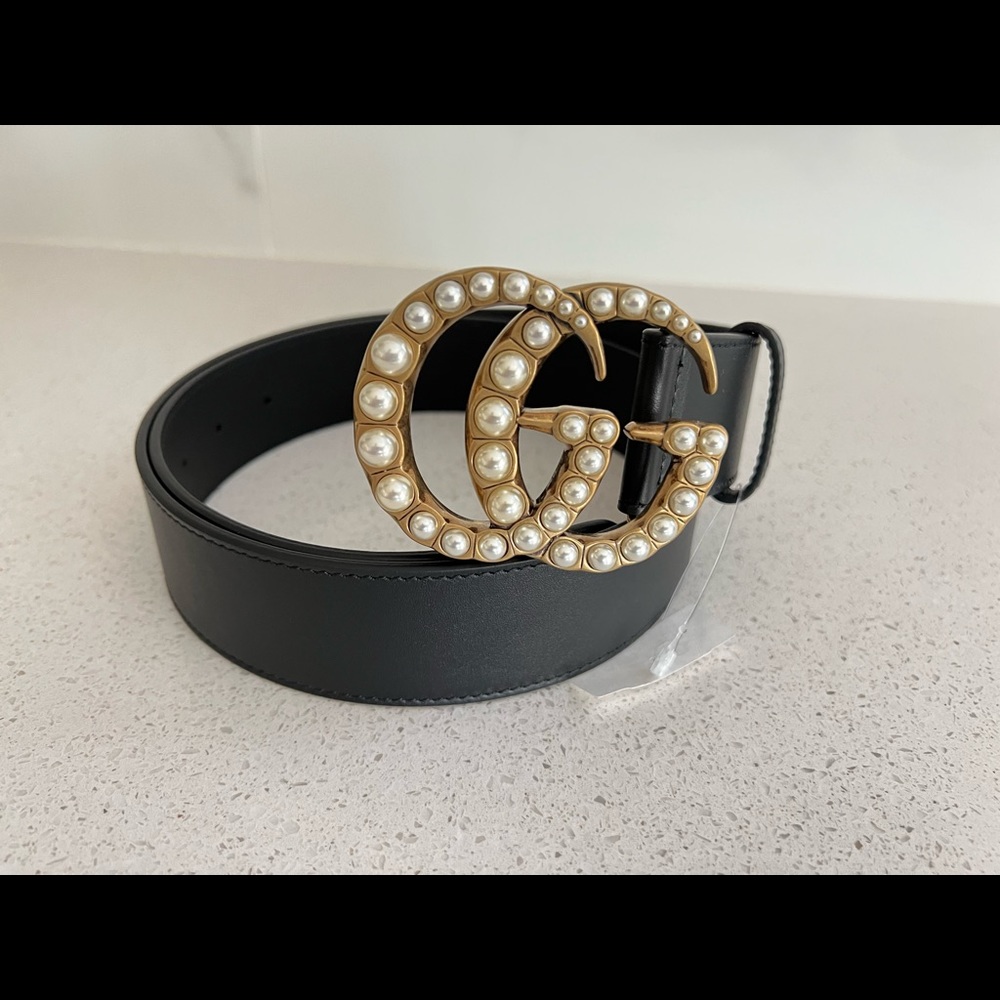 GUCCI GG Black Leather belt with pearls Size 90/36
